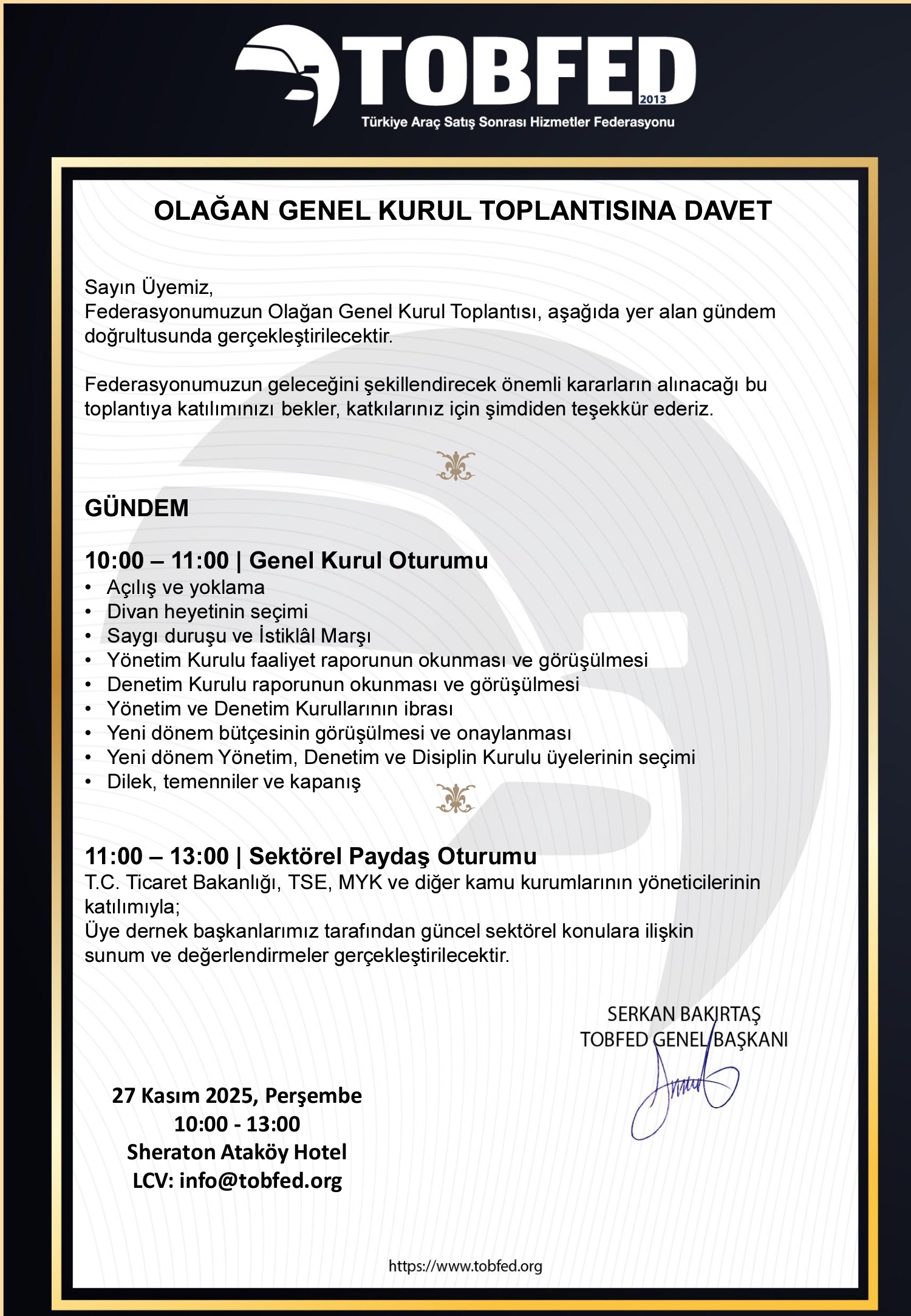 TOBFED OLAĞAN GENEL KURUL TOPLANTISINA DAVET